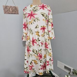 Ces Femme Tropical Floral Midi Dress Bell Sleeves Boho Rayon Large Easter Bloom